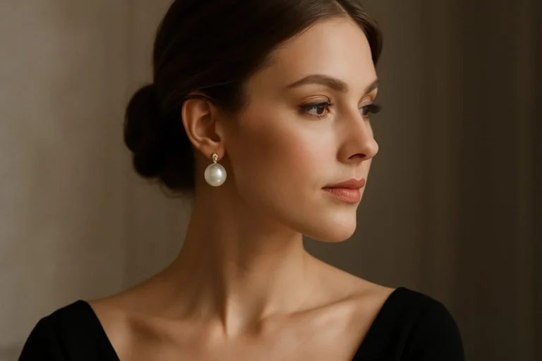 cercei cu perle albe naturale tortita rochie neagra profil stanga